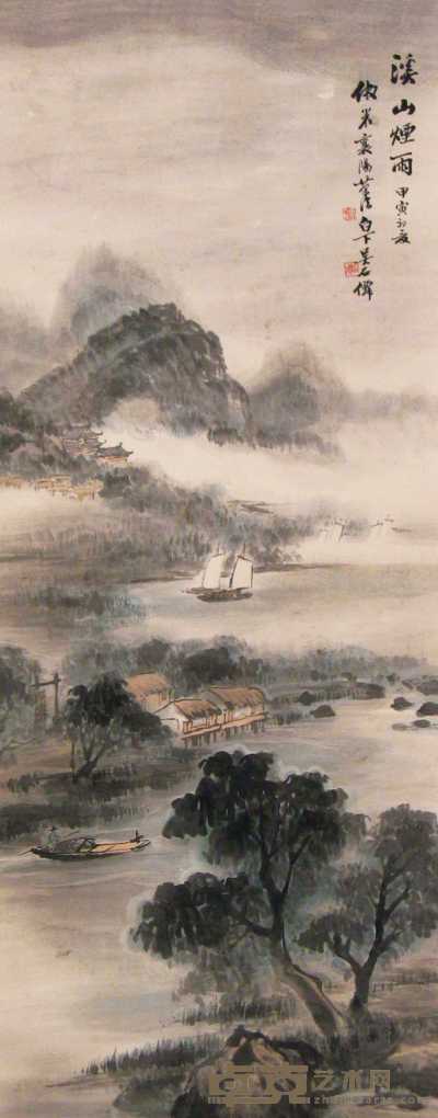 吴石僊 甲寅（1914年）作 溪山烟雨图 立轴 101×40cm